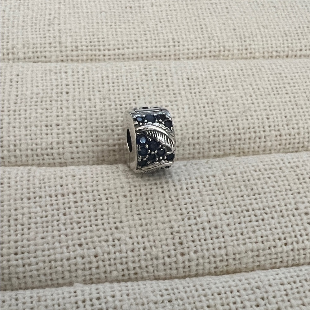 Sterling Silver Curved Feather Clip with Blue Crystal